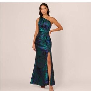 Adrianna Papell Size 18 Green Blue One Shoulder Jacquard Gown NWT Formal Evening